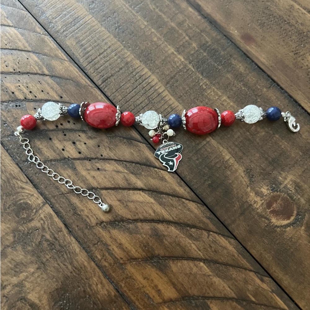 Houston Texans Football Navy Red Silver Beaded Bracelet